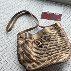 Chanel Golden Bucket Bag with Strap and Cinching Chain w/ interlocking CC